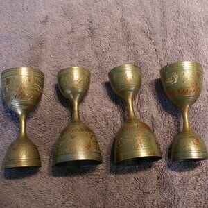 Set of 4 Vintage Brass Egg Cup Cups Holders Floral Bird Design Double-Sided 4"